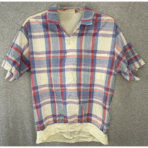 Vintage 80s GM Parts Plaid Stripe Short Sleeve Tee Shirt Women's Medium Mesh